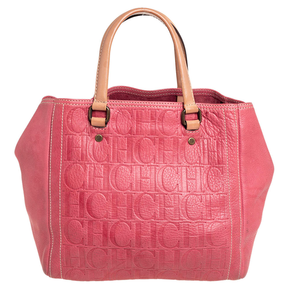 Pre Owned Carolina Herrera Pink Monogram Leather Tote