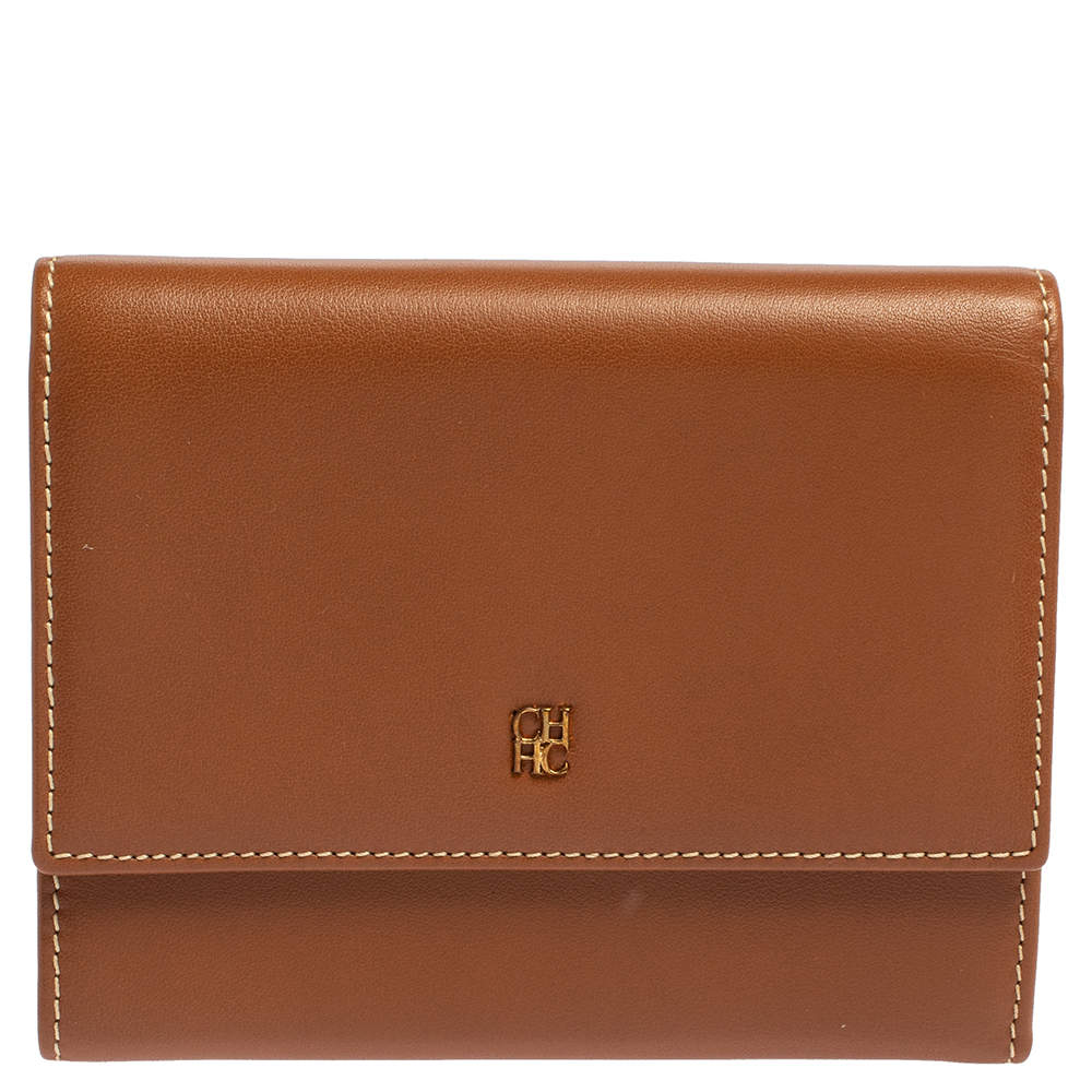 Pre Owned Carolina Herrera Caramel Brown Leather Trifold Compact Wallet
