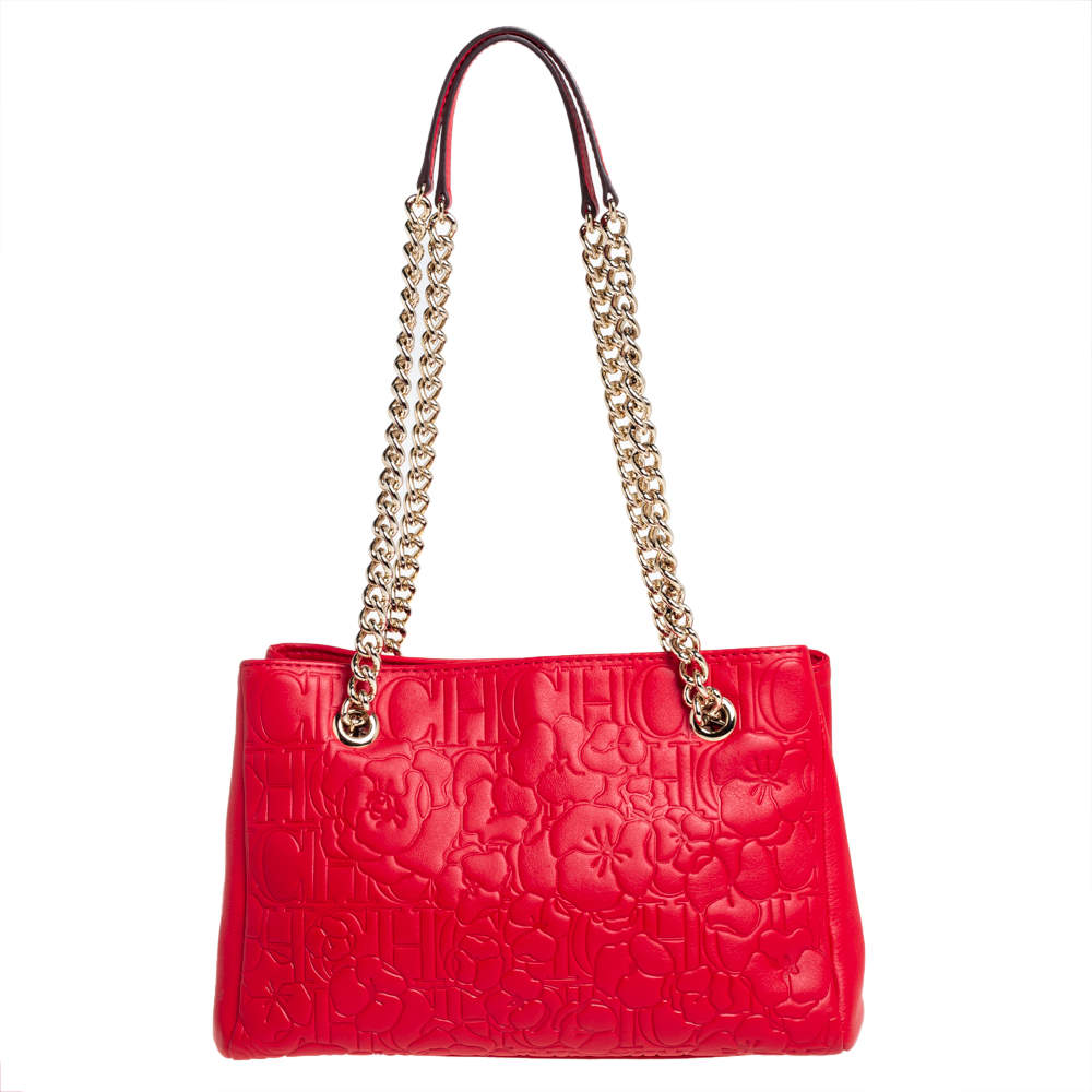 Pre Owned Carolina Herrera Red Embossed Leather Chain Tote