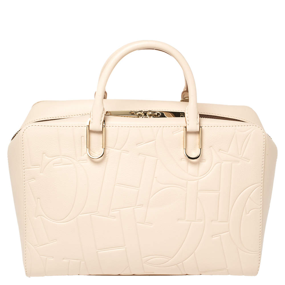 Pre Owned Carolina Herrera Ivory Embossed Leather Duke Satchel