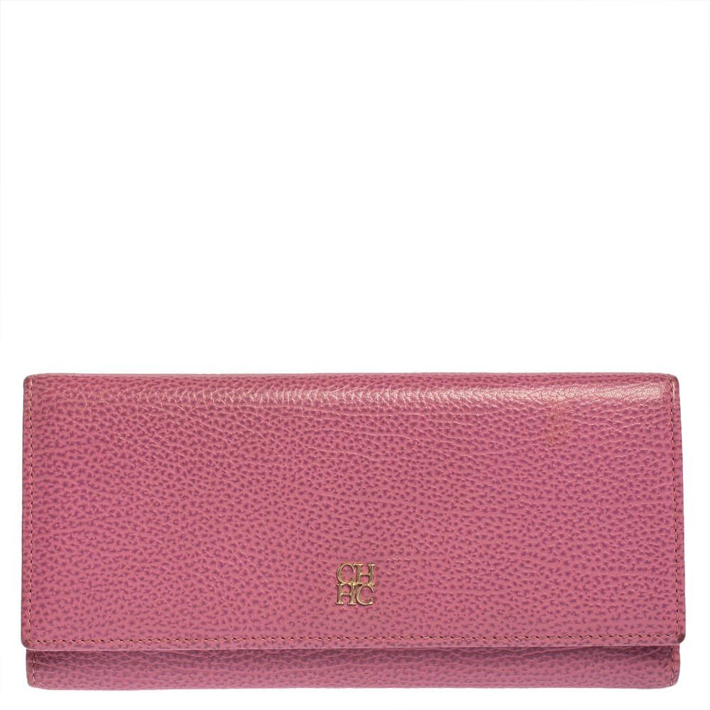 Pre Owned Carolina Herrera Pink Leather Flap Continental Wallet