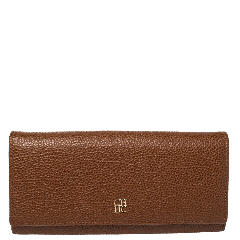 Pre Owned Carolina Herrera Brown Leather Flap Continental Wallet