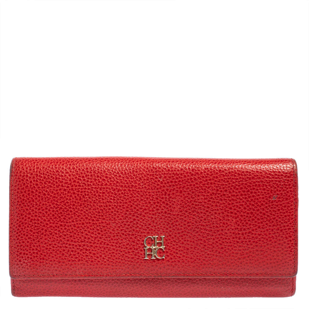 Pre Owned Carolina Herrera Red Leather Flap Continental Wallet