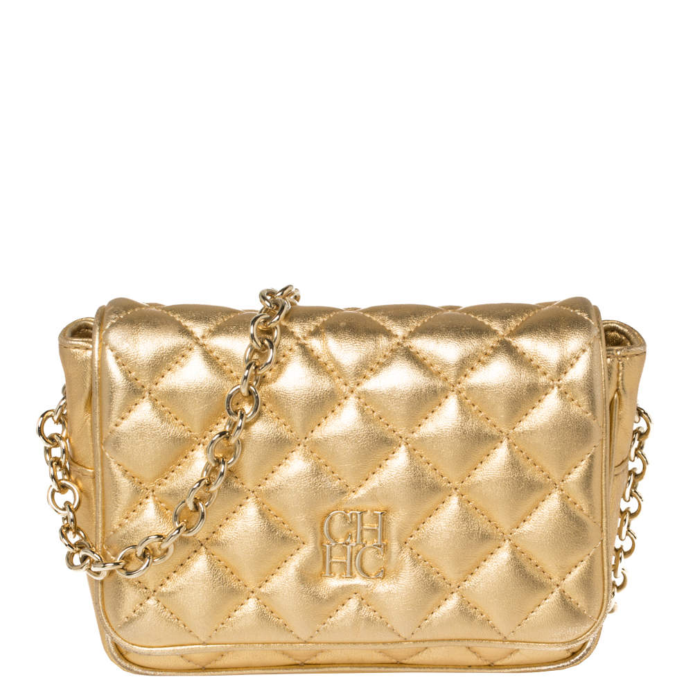 Pre Owned Carolina Herrera Gold Quilted  Leather Flap Chain Crossbody Bag