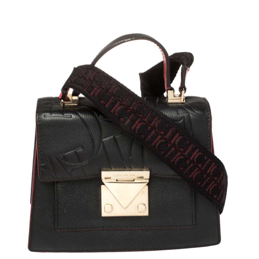 Pre Owned Carolina Herrera Black Embossed Leather Pushlock Flap Top Handle Bag