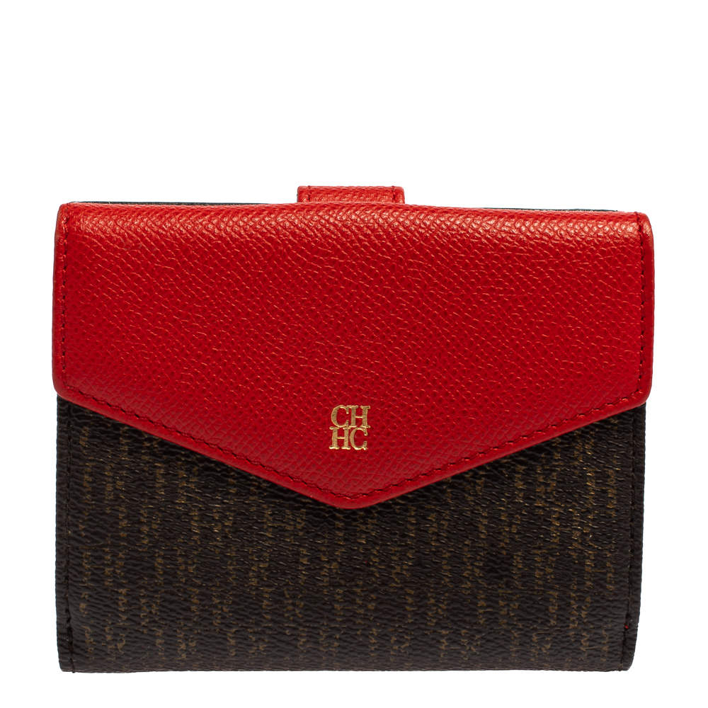 Pre Owned Carolina Herrera Red/Brown Monogram Coated Canvas and Leather Flap Compact Wallet