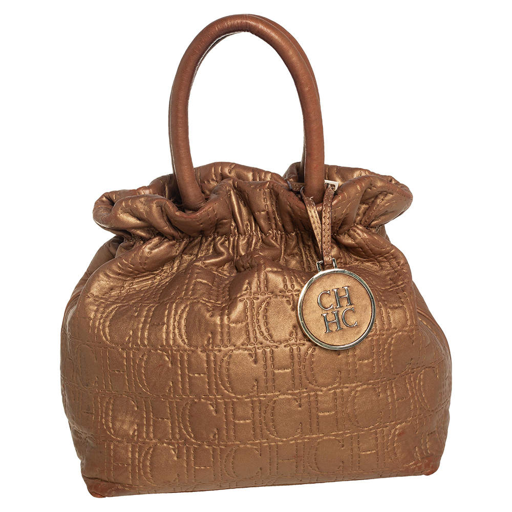 Pre Owned Carolina Herrera Metallic Gold Monogram Leather Bucket Bag