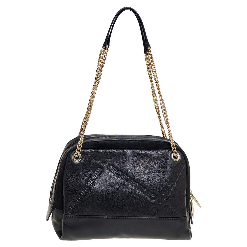 Carolina Herrera Black Leather and Suede Embossed Logo Shoulder Bag ...