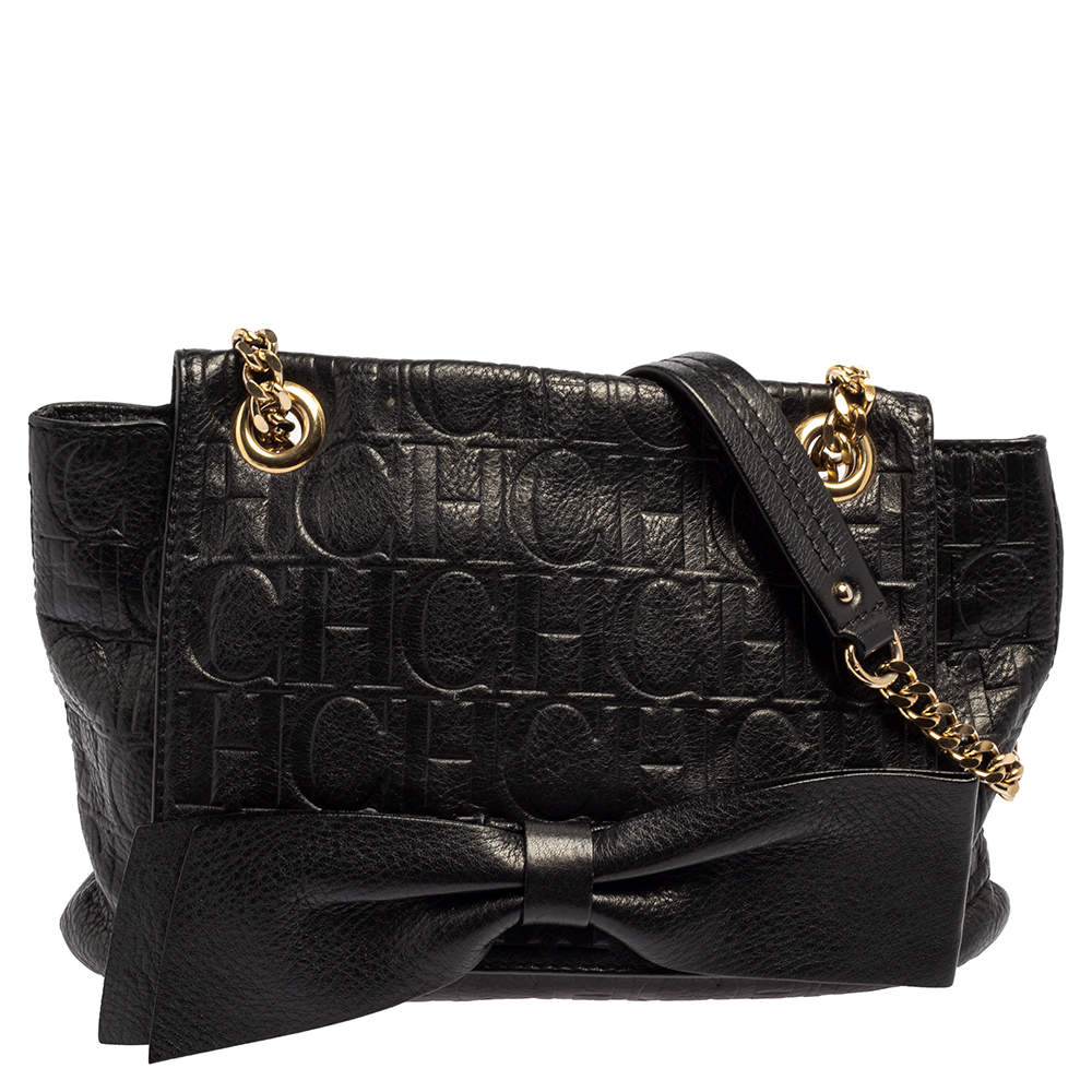 Pre Owned Carolina Herrera Black Monogram Leather Audrey Shoulder Bag