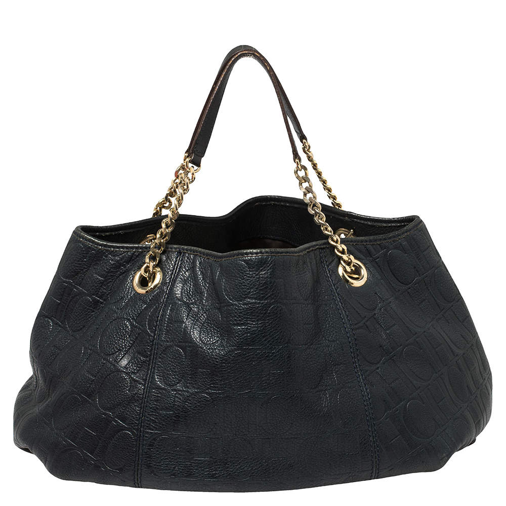 Pre Owned Carolina Herrera Navy Blue Monogram Embossed Leather Chain Shoulder Bag