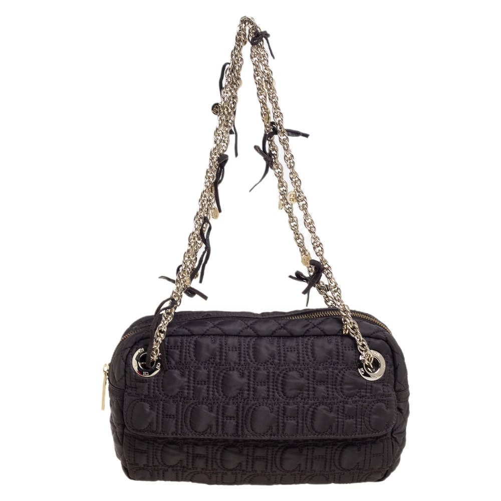 Pre Owned Carolina Herrera Dark Brown Quilted Nylon Chain Shoulder Bag