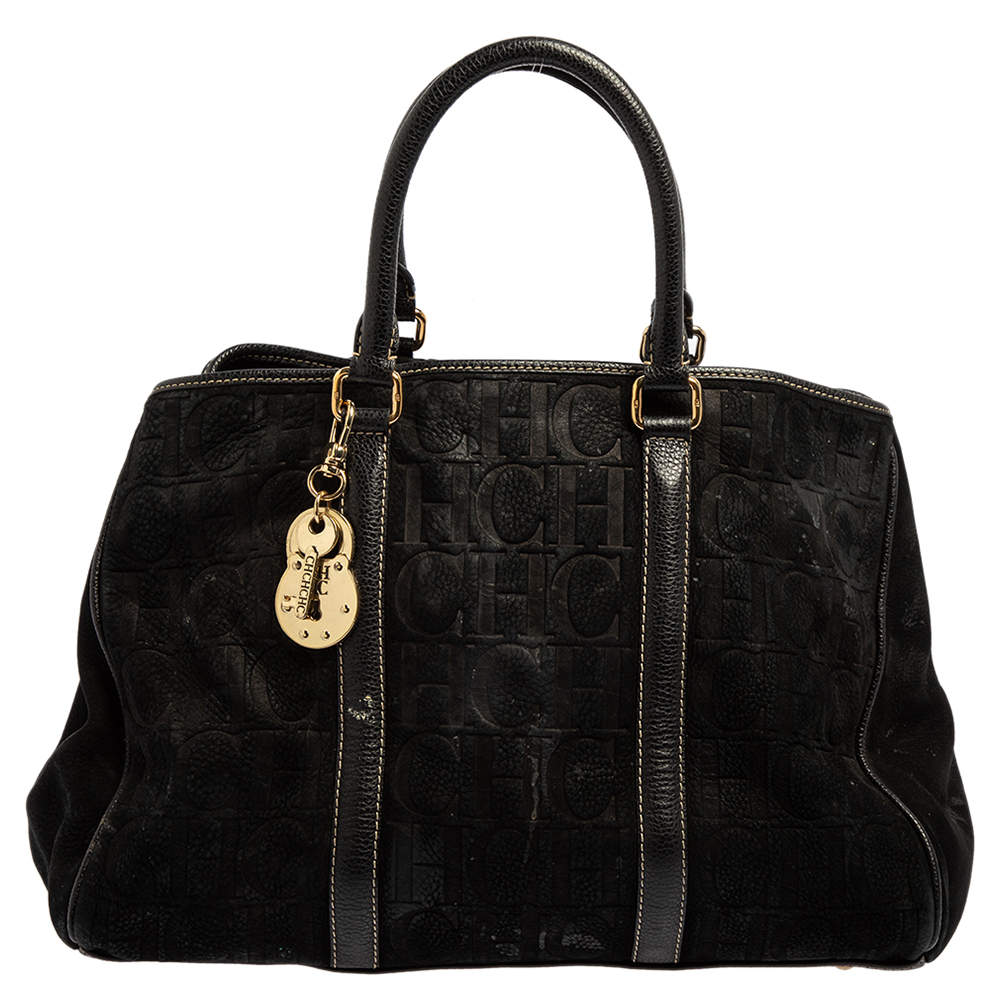 Pre Owned Carolina Herrera Black Monogram Nubuck and Leather Matteo Tote