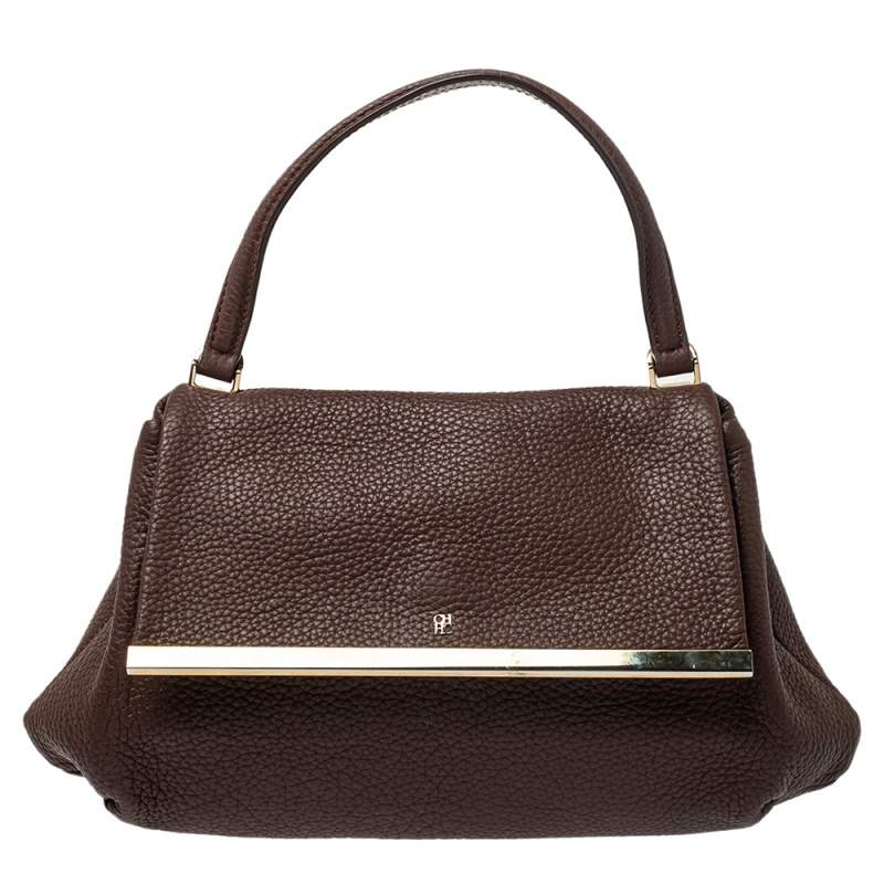 Pre Owned Carolina Herrera Brown Leather Metal Frame Top Handle Bag