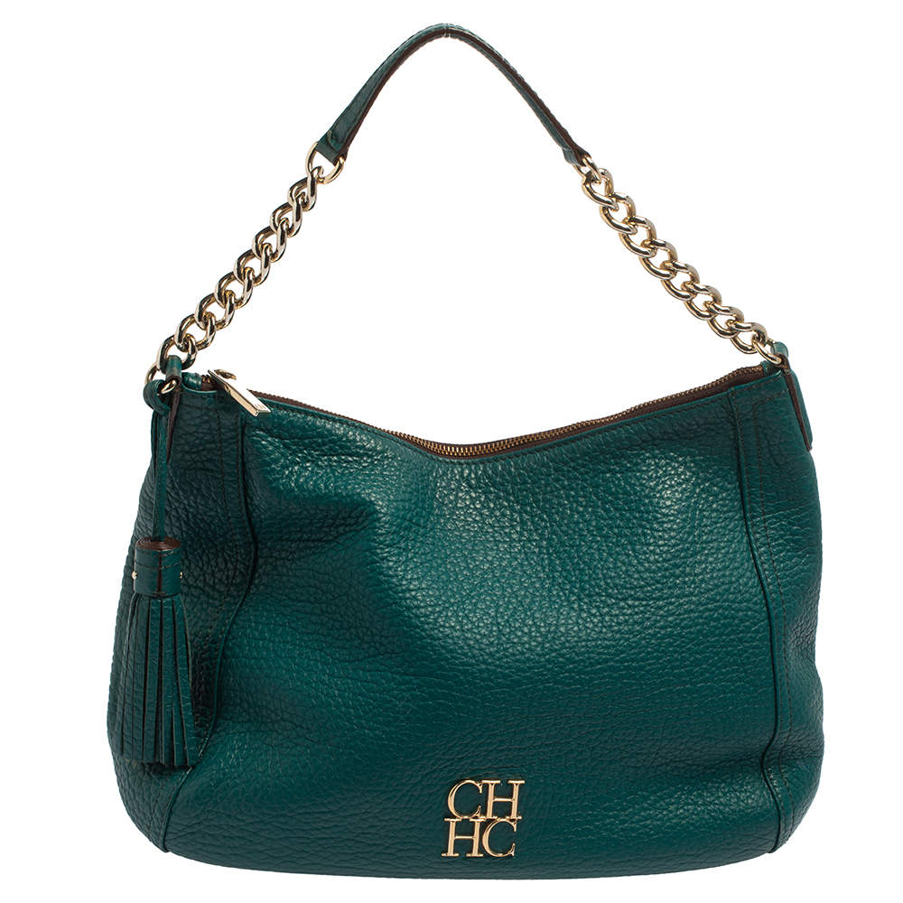 Pre Owned Carolina Herrera Green Leather Zip Hobo