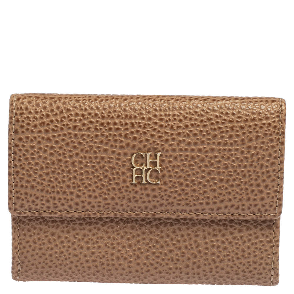 Pre Owned Carolina Herrera Beige Grained Leather Compact Wallet