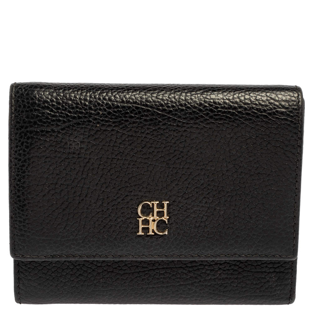 Pre Owned Carolina Herrera Black Grained Leather Trifold Wallet