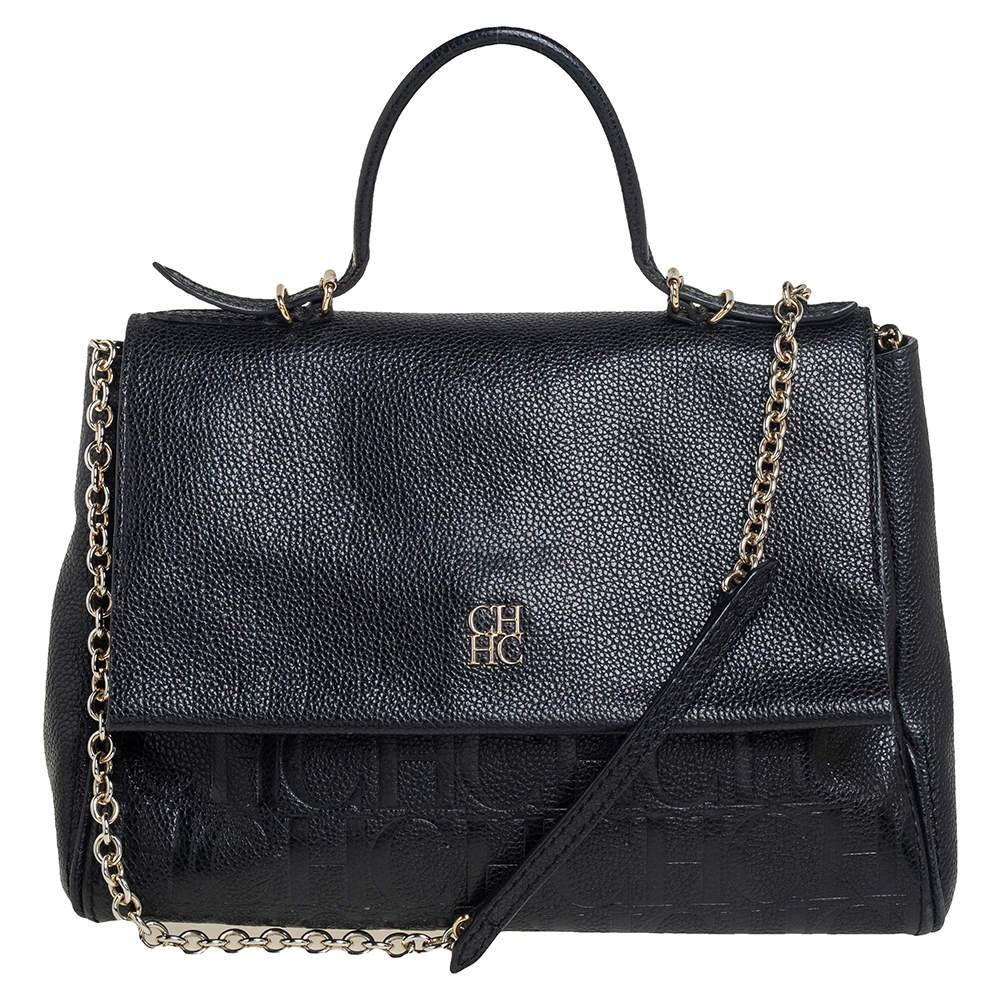 Pre Owned Carolina Herrera Black Embossed Leather Minuetto Flap Top Handle Bag