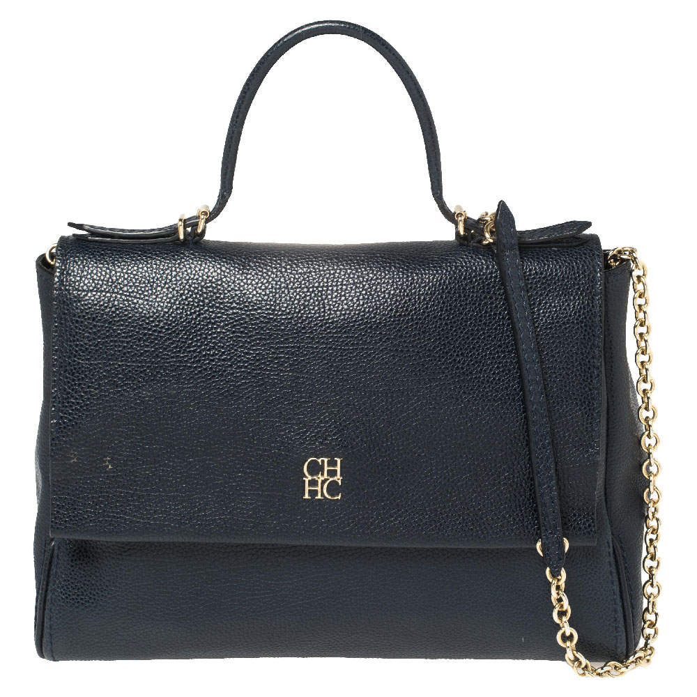Pre Owned Carolina Herrera Navy Blue Leather Minueto Flap Bag