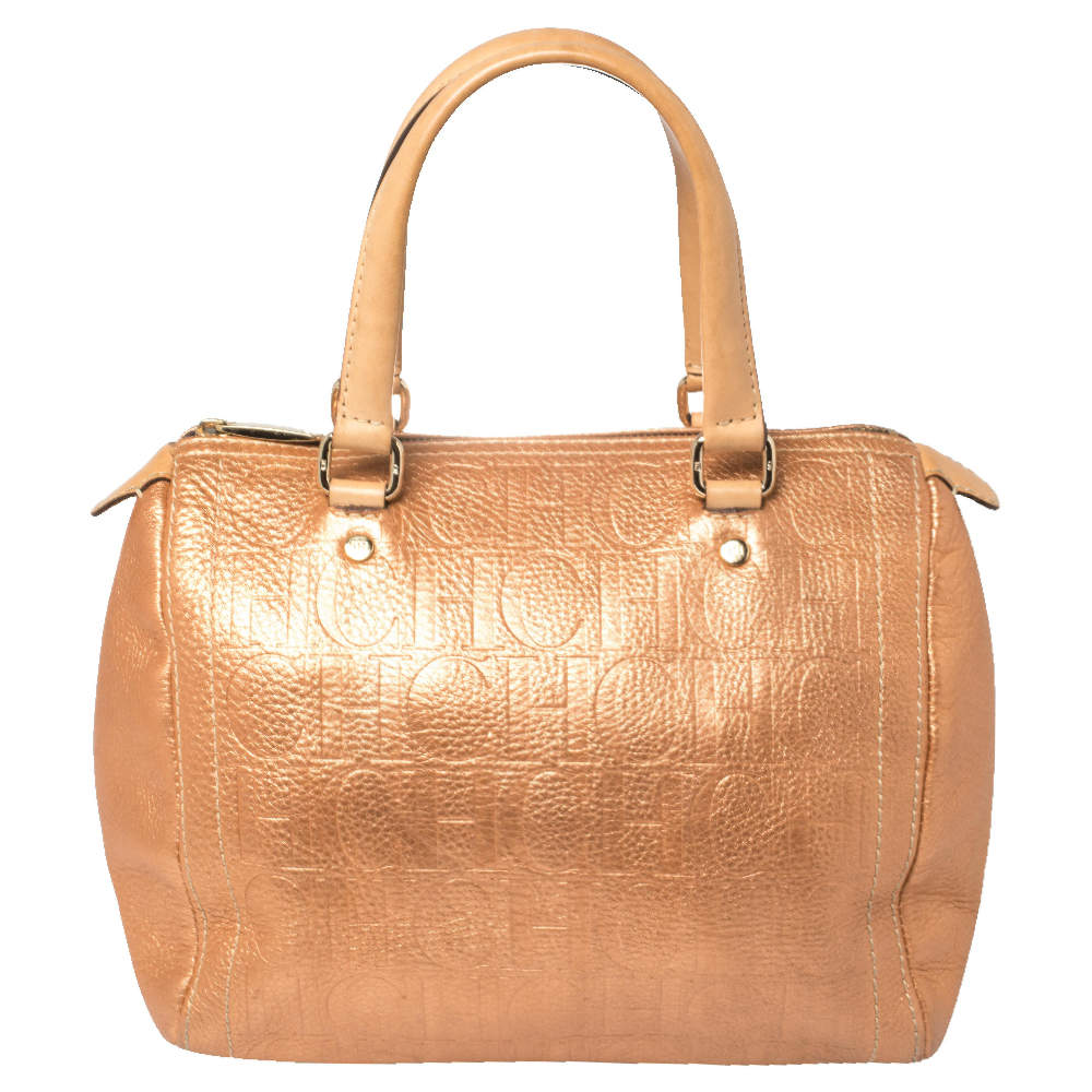 Carolina Herrera Metallic Rose Gold Embossed Leather Andy Boston Bag