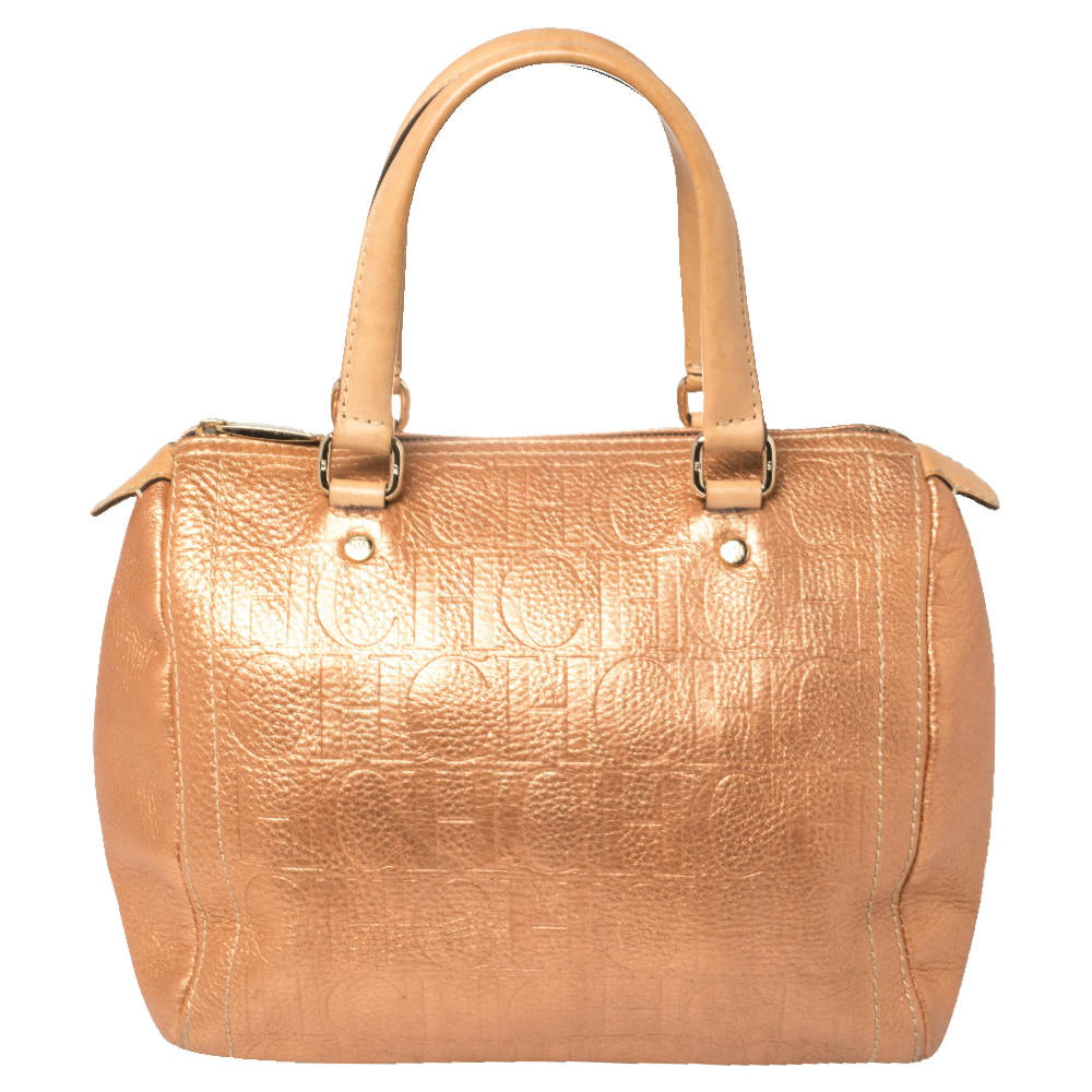 Pre Owned Carolina Herrera Metallic Rose Gold Embossed Leather Andy Boston Bag