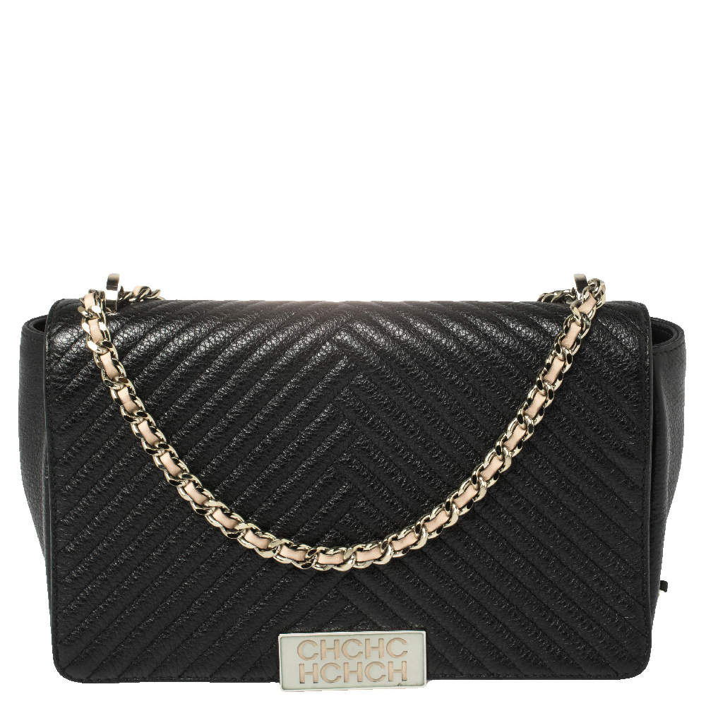 Carolina Herrera Black Chevron Leather Bimba Flap Bag Carolina Herrera