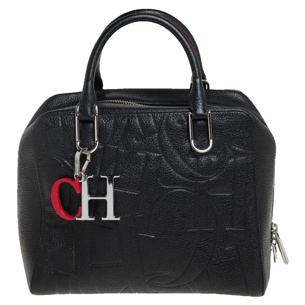 Pre Owned Carolina Herrera Black Embossed Leather Duke Satchel