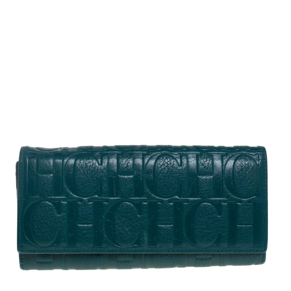 Pre Owned Carolina Herrera Green Embossed Leather Continental Wallet