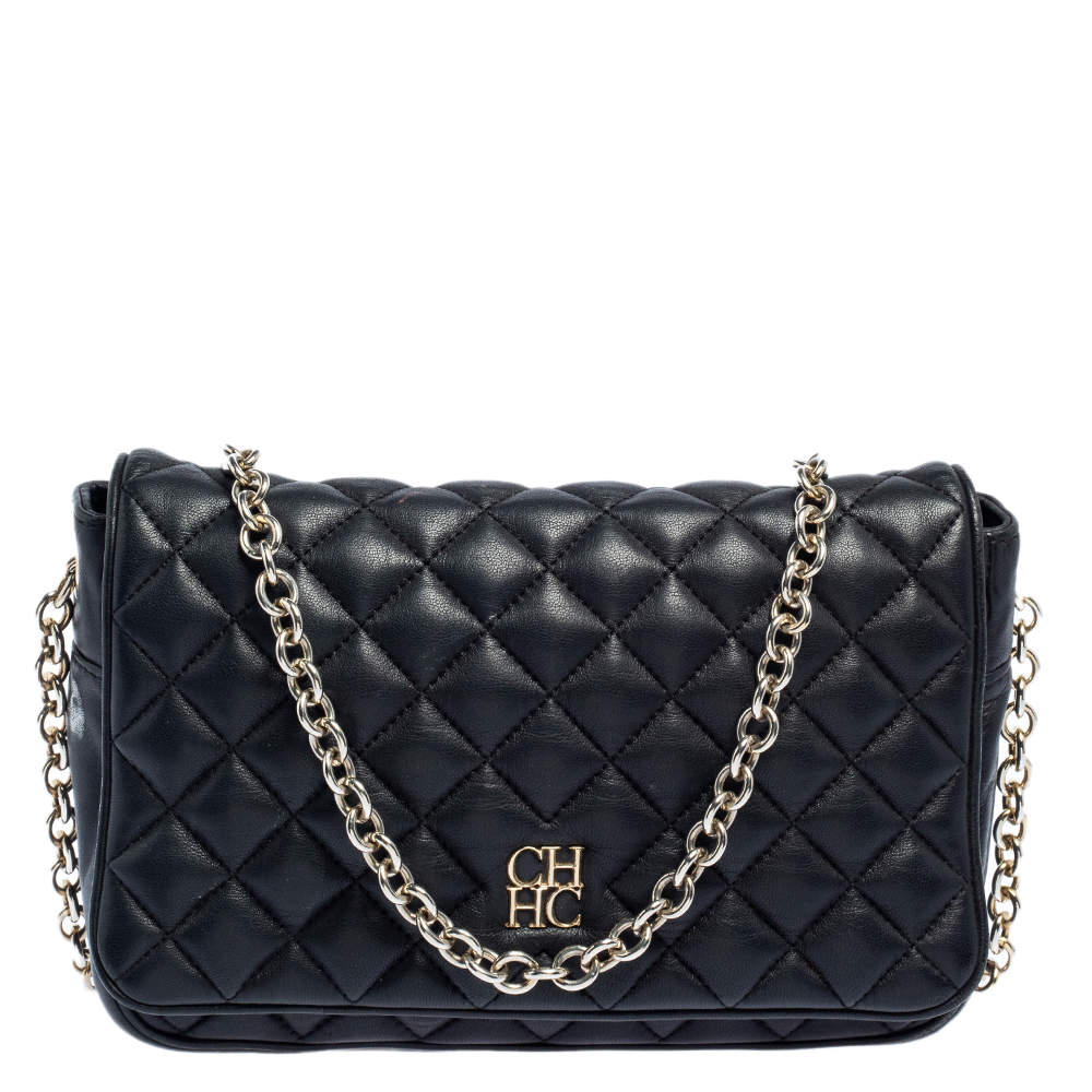 Pre Owned Carolina Herrera Black Quilted Leather Flap Crossbody Bag