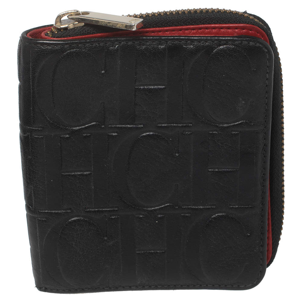 Carolina Herrera Black Monogram Leather Compact Wallet