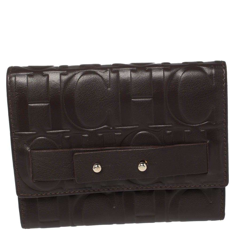 Pre Owned Carolina Herrera Brown Monogram Leather Trifold Wallet