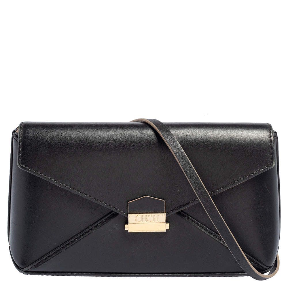 Pre Owned Carolina Herrera Black Leather Envelope Flap Crossbody Bag