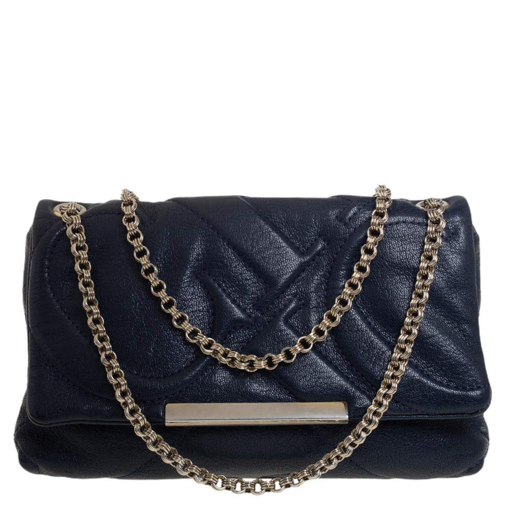 Pre Owned Carolina Herrera Blue Quilted Leather Flap Chain Shoulder Bag