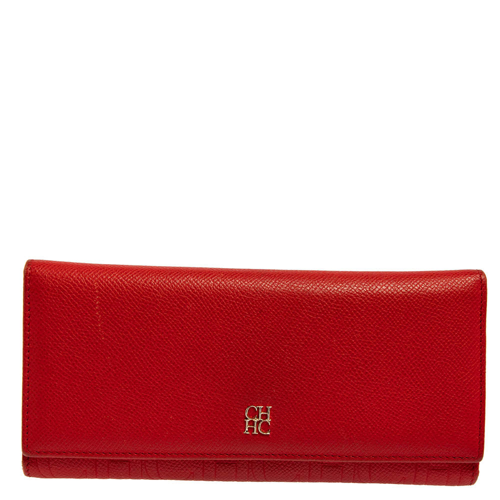 Pre Owned Carolina Herrera Red Monogram Leather Flap Continental Wallet