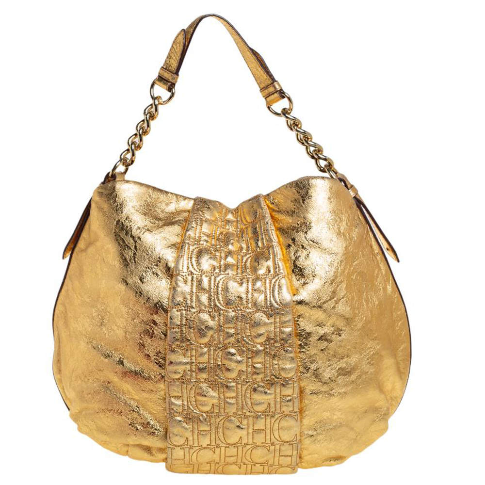 Pre Owned Carolina Herrera Gold Metallic Monogram Leather Chain Hobo
