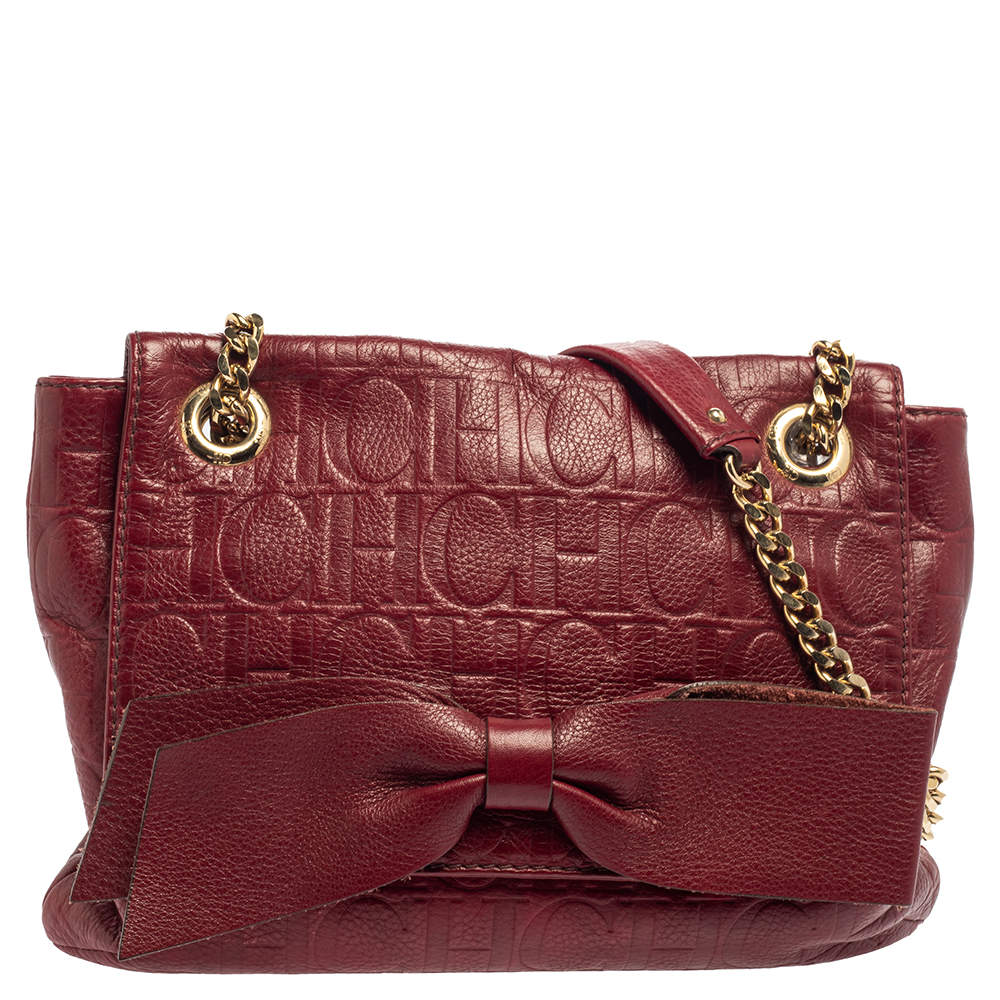 Pre Owned Carolina Herrera Burgundy Monogram Leather Audrey Shoulder Bag