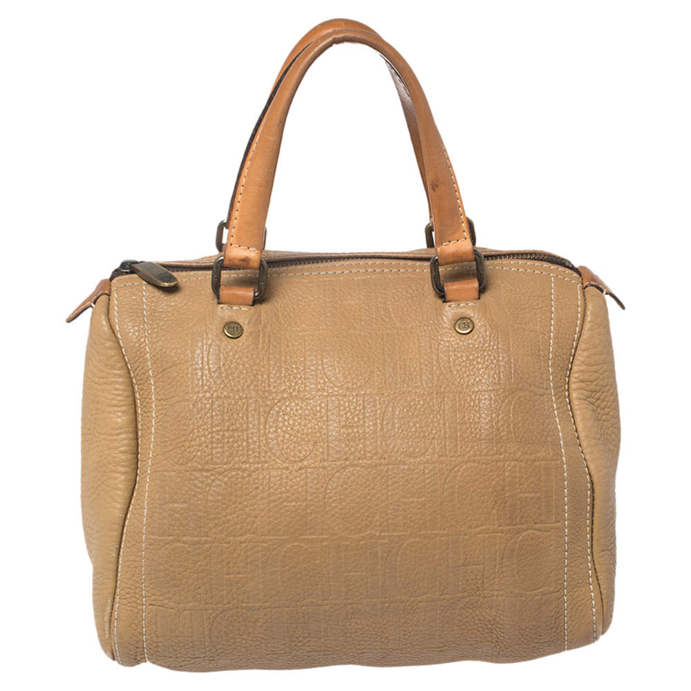 Pre Owned Carolina Herrera Beige Monogram Leather Medium Andy Boston Bag