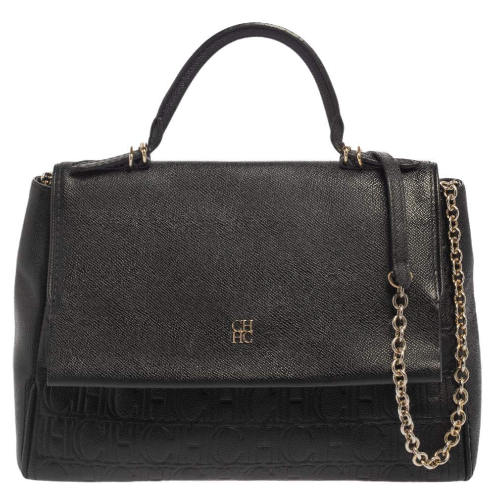 Pre Owned Carolina Herrera Black Leather Minuetto Flap Top Handle Bag
