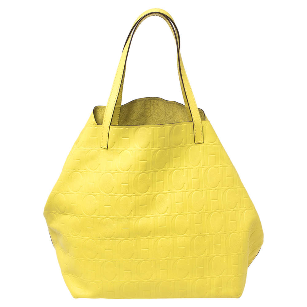 Pre Owned Carolina Herrera Neon Yellow Embossed Leather Matryoshka Tote