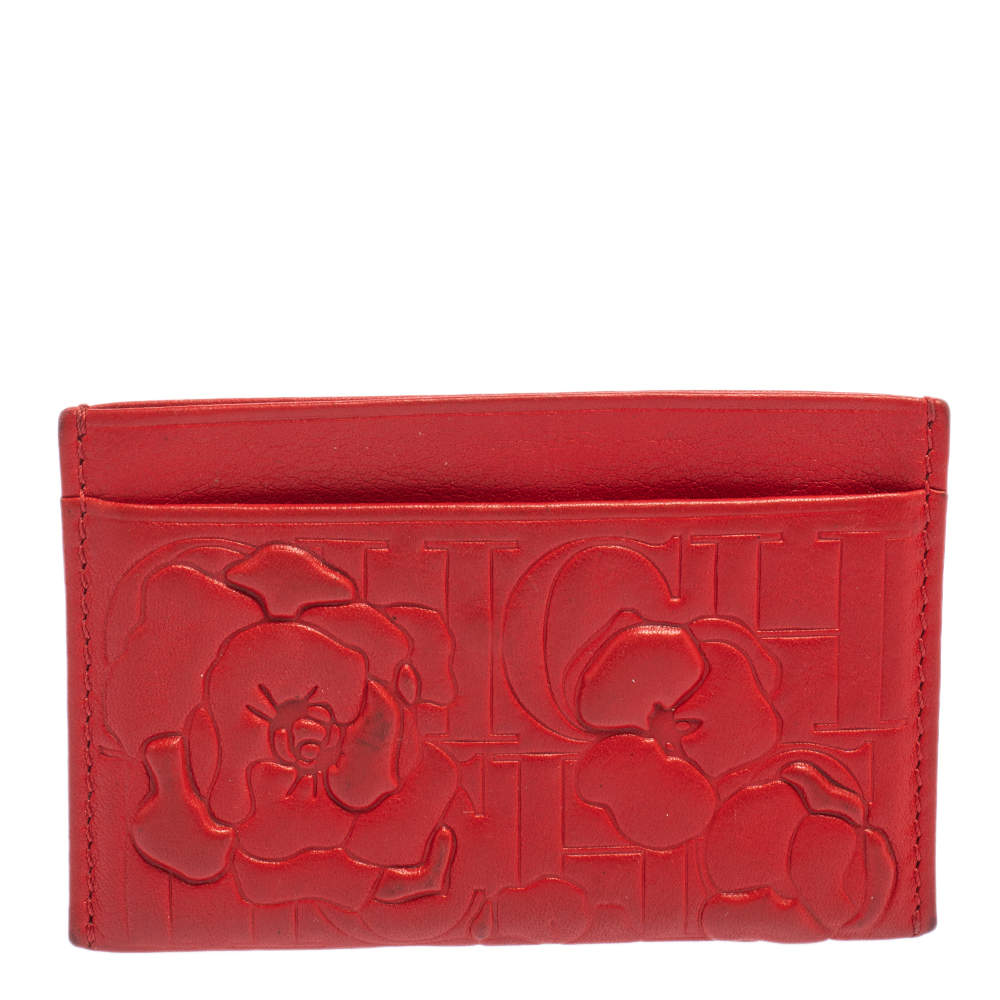 مملوكة مسبقًا Carolina Herrera Red Embossed Leather Card Holder