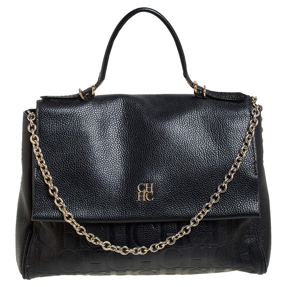 Pre Owned Carolina Herrera Black Monogram Embossed Leather Minuetto Top Handle Bag