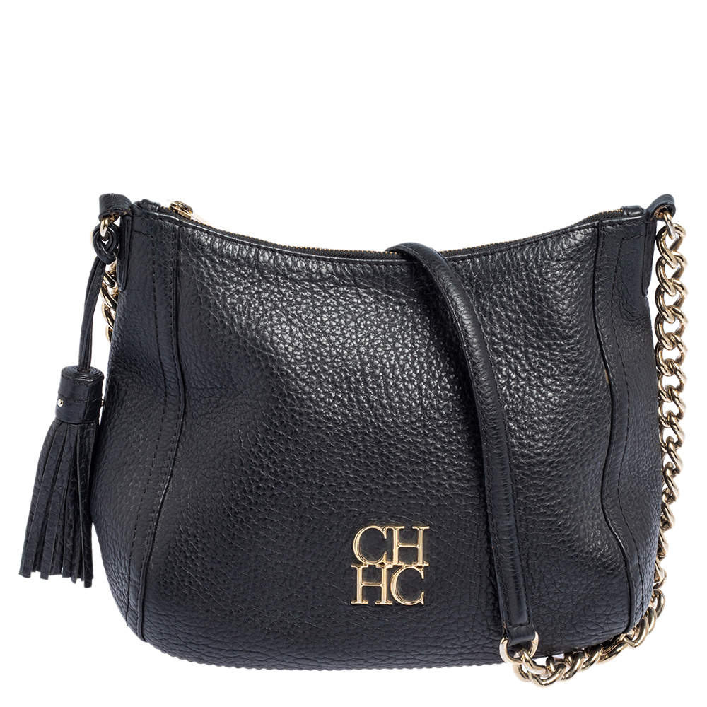 Pre Owned Carolina Herrera Black Leather Chain Tassel Shoulder Bag