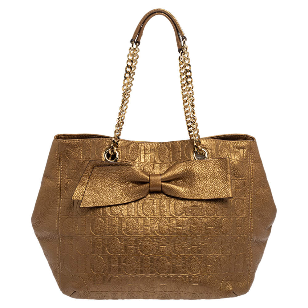 Pre Owned Carolina Herrera Metallic Gold Embossed Monogram Leather Audrey Tote 