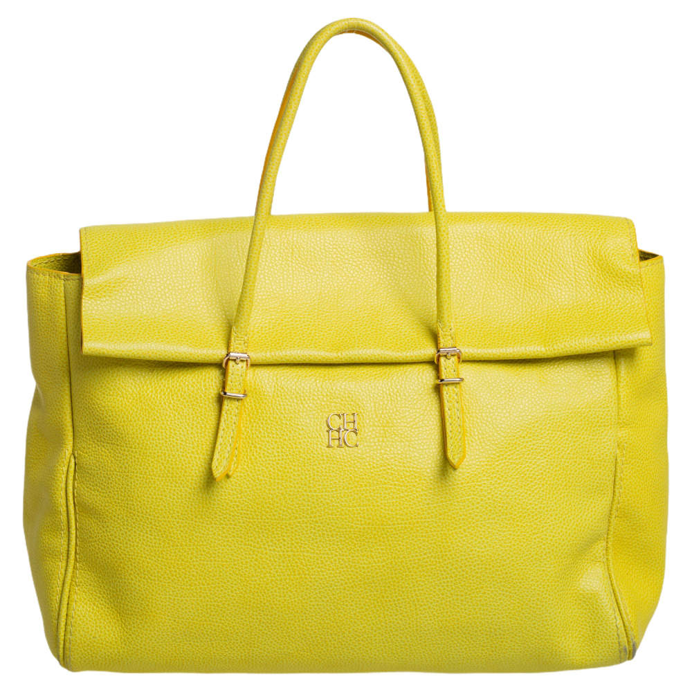 Pre Owned Carolina Herrera Neon Yellow Leather Tempo Collection Adagio Tote