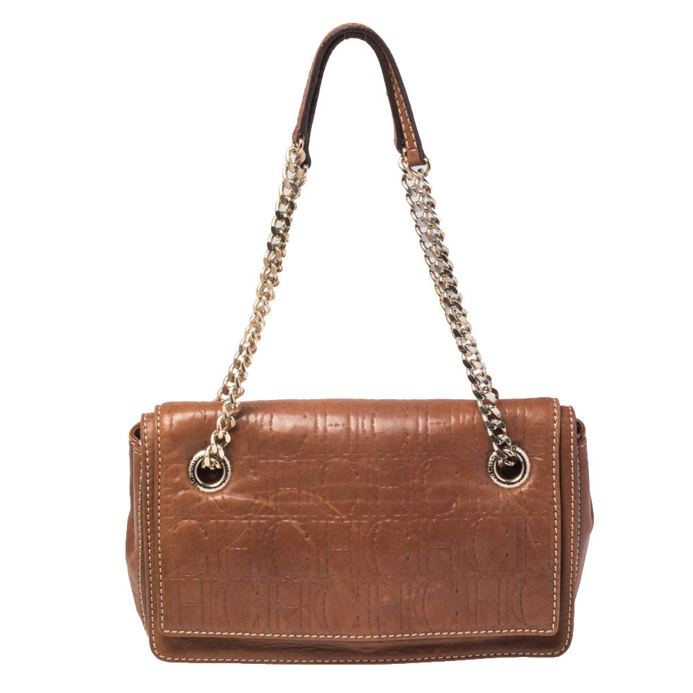 Carolina Herrera Brown Leather Flap Chain Shoulder Bag