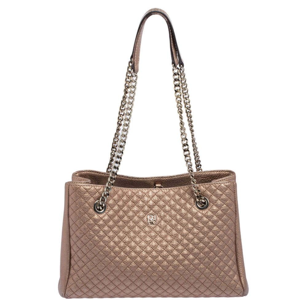 Pre Owned Carolina Herrera Metallic Copper Micro Quilted Leather Chain Tote
