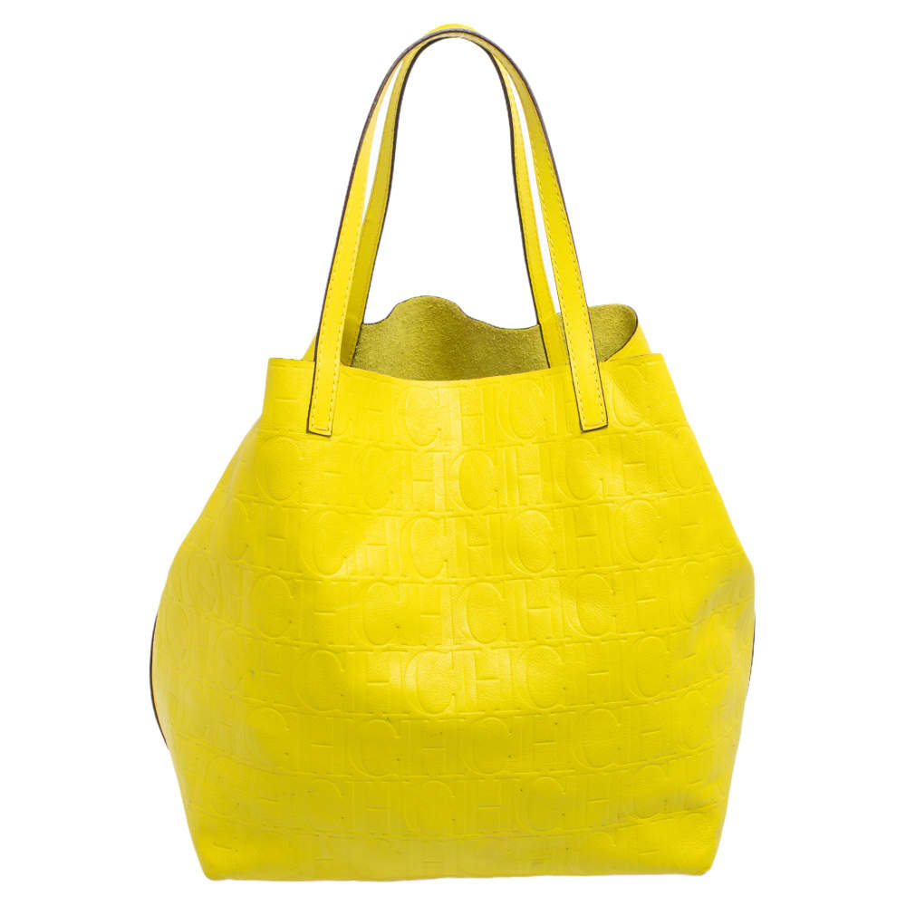 Pre Owned Carolina Herrera Neon Yellow Embossed Leather Matryoshka Tote
