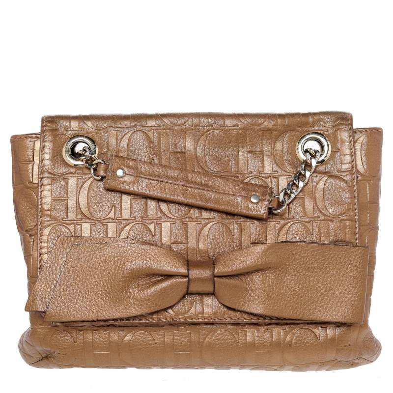 Pre Owned Carolina Herrera Gold Monogram Leather Audrey Shoulder Bag