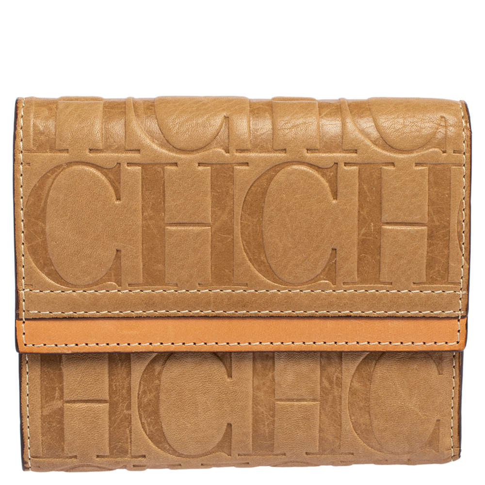 Pre Owned Carolina Herrera Beige Monogram Leather Trifold Wallet