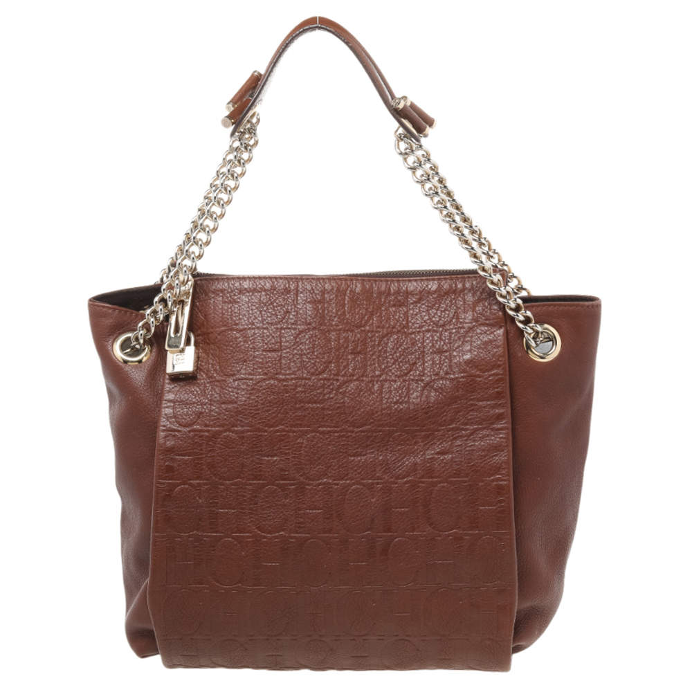Pre Owned Carolina Herrera Brown Monogram Leather Chain Tote