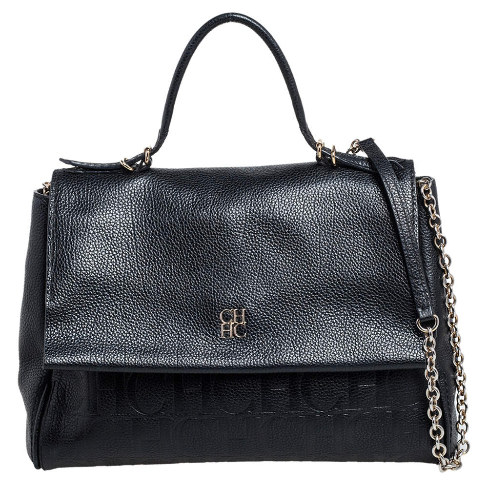 Pre Owned Carolina Herrera Black Monogram Embossed Leather Minuetto Top Handle Bag